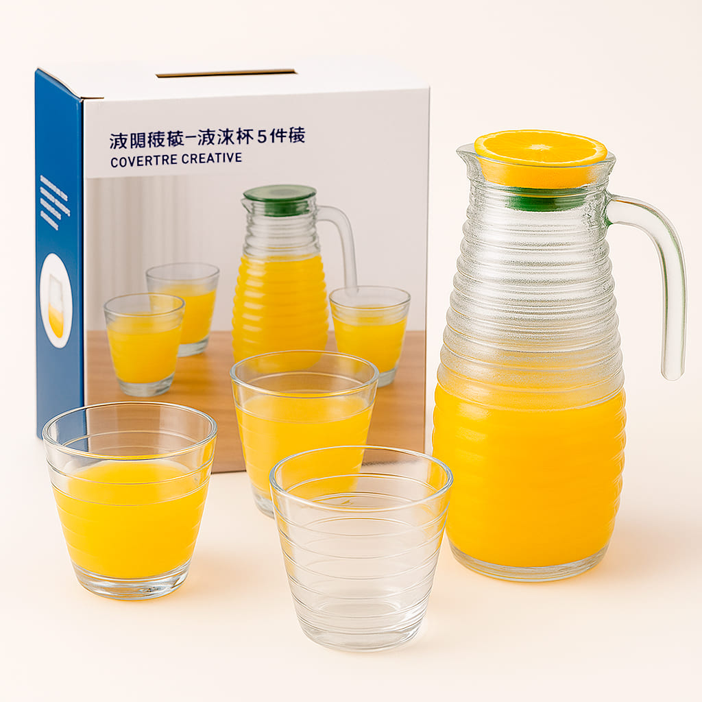 Jogo Conjunto Jarra de Vidro 900ml com 4 Copos 250ml Água Suco Bebidas
