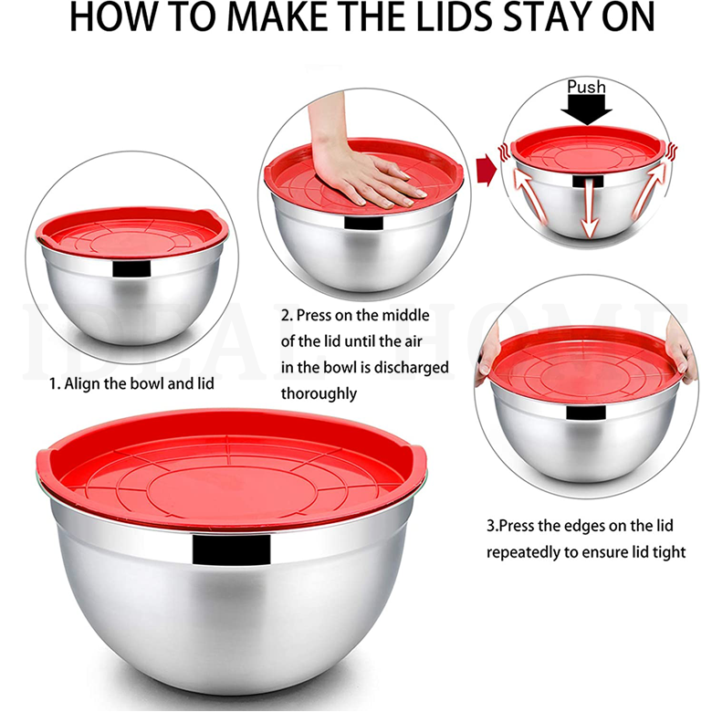 Kit Tigela 5 Bowl para Alimentos Tampa Vermelho Cozinha Louça Inox — imagem 2